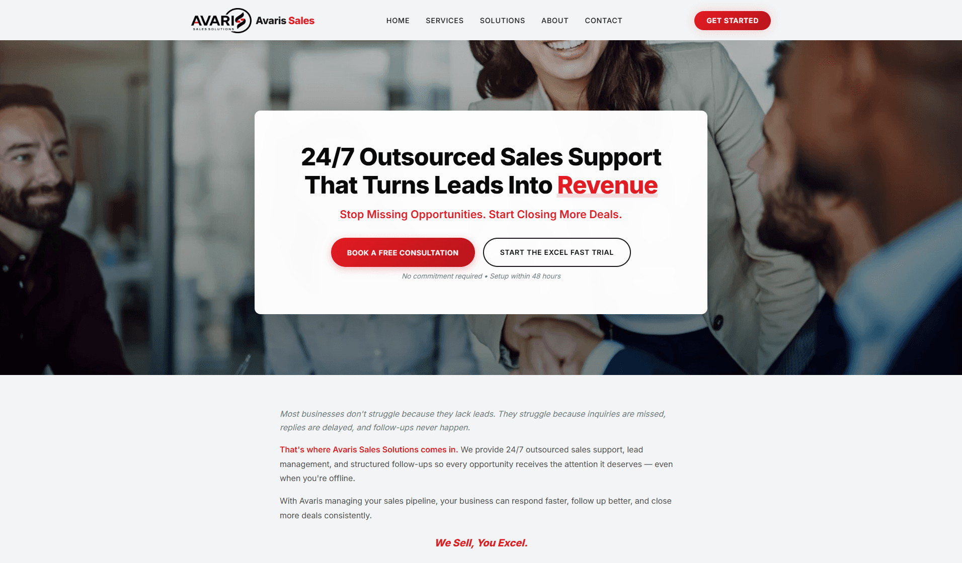 Avaris Sales Solutions Landing Page