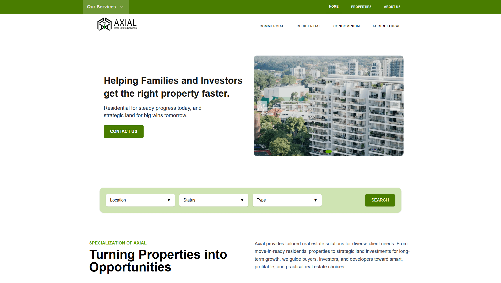 Axial Real Estate Services Landing Page